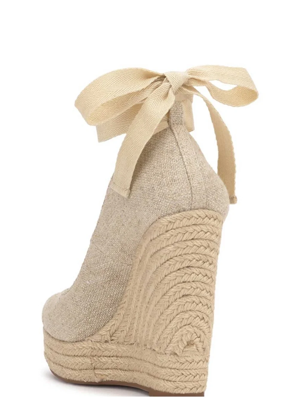 Tan linen beige lace tie up closed toe wedges